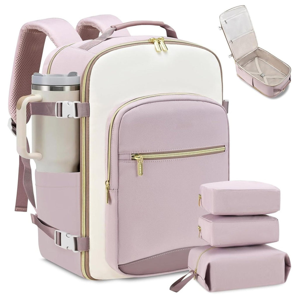 Pink and white backpack with travel accessories on a white background