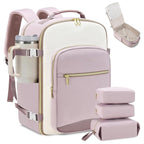 Pink and white backpack with travel accessories on a white background