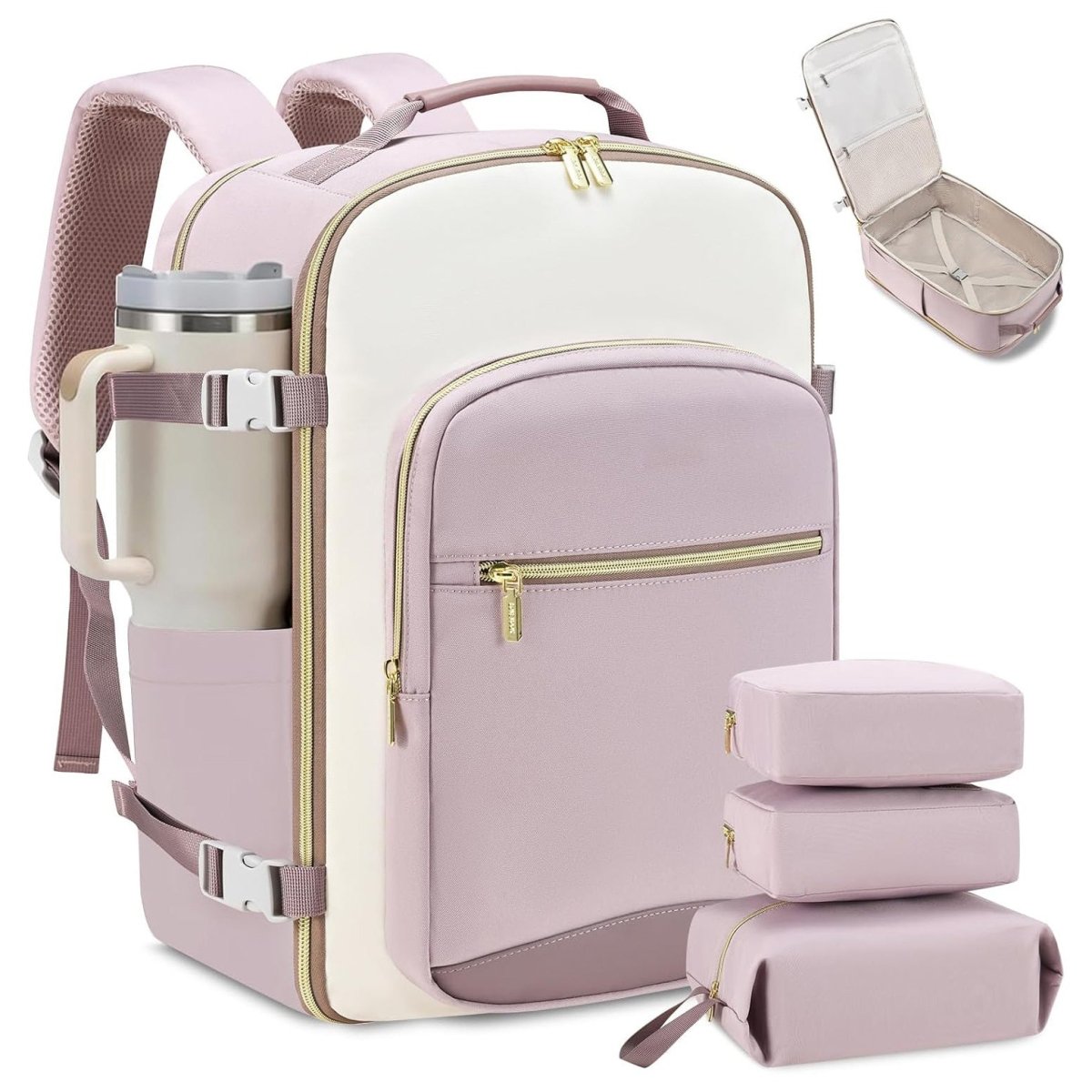 Pink and white backpack with travel accessories on a white background