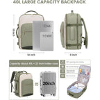 Green backpack with dimensions and capacity details on a white background