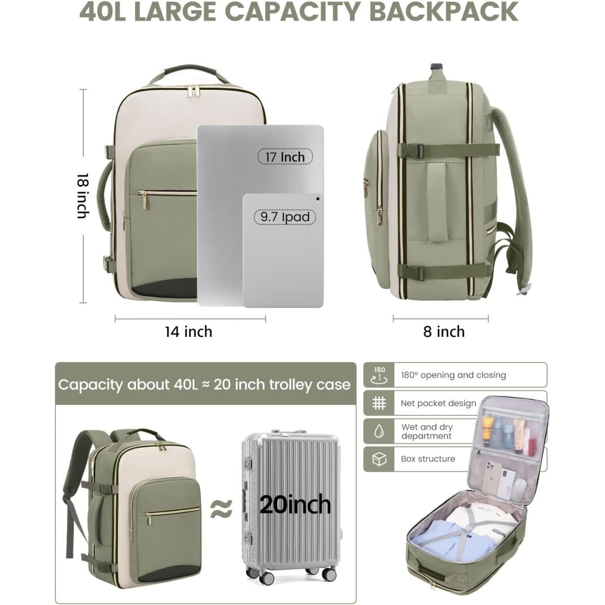 Green backpack with dimensions and capacity details on a white background