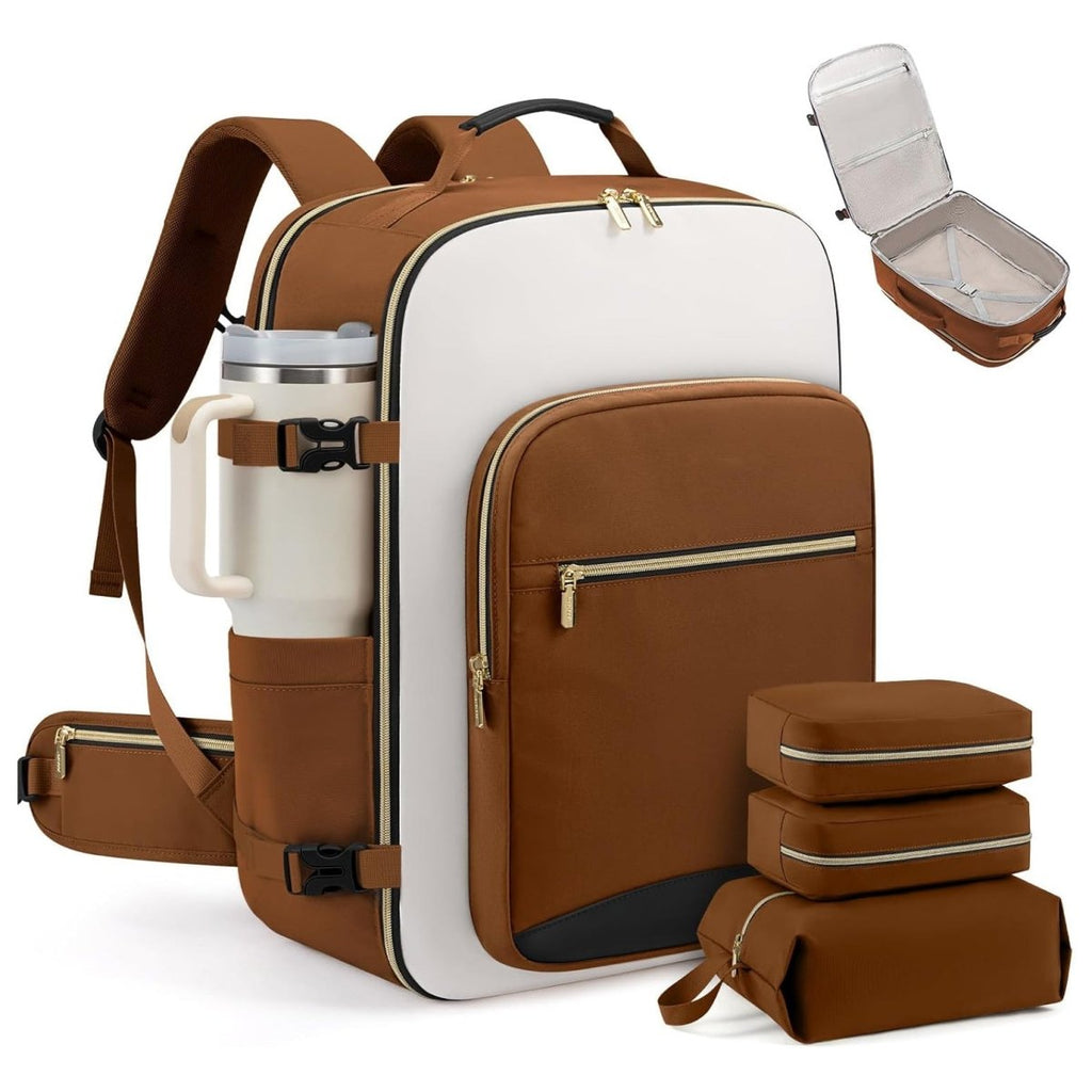Brown and white backpack with accessories on a white background