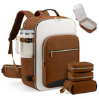Brown and white backpack with accessories on a white background