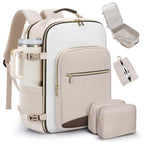 Beige backpack with additional accessories on a white background