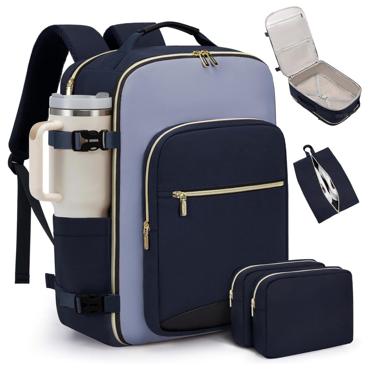 Navy and gray backpack with accessories on a white background