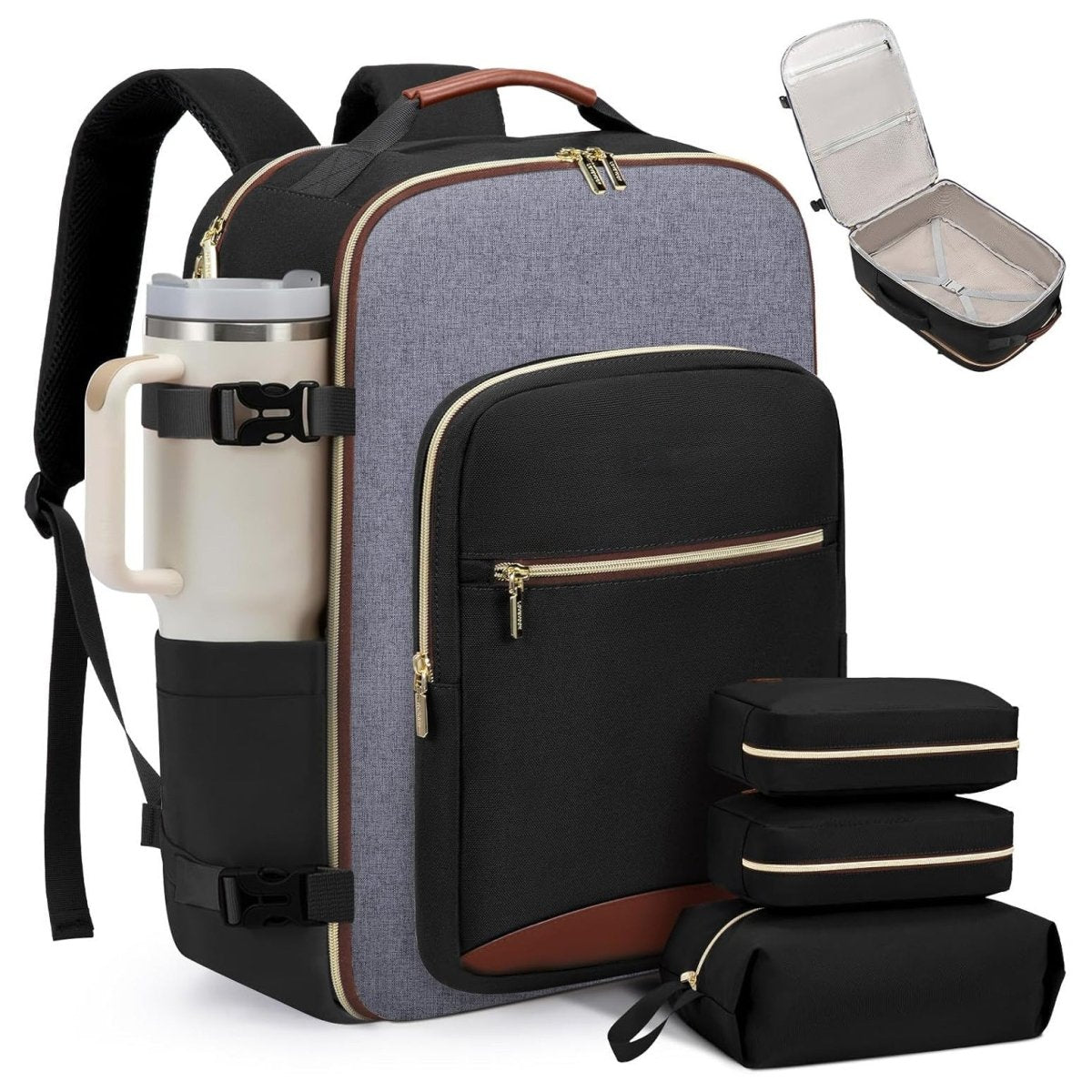 Backpack with travel accessories including a thermos, toiletry bag, and packing cubes on a white background.