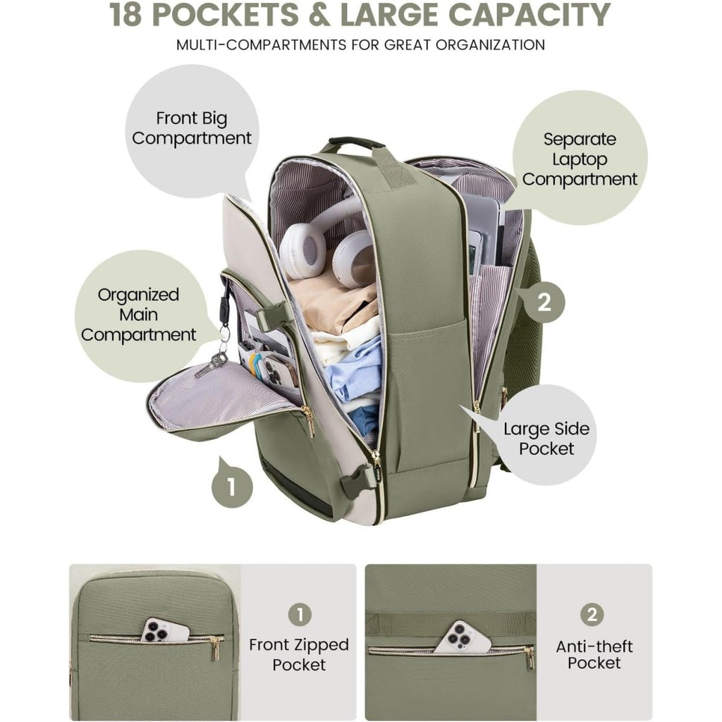 Green backpack with various compartments and features highlighted on a white background