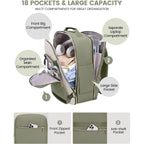 Green backpack with various compartments and features highlighted on a white background