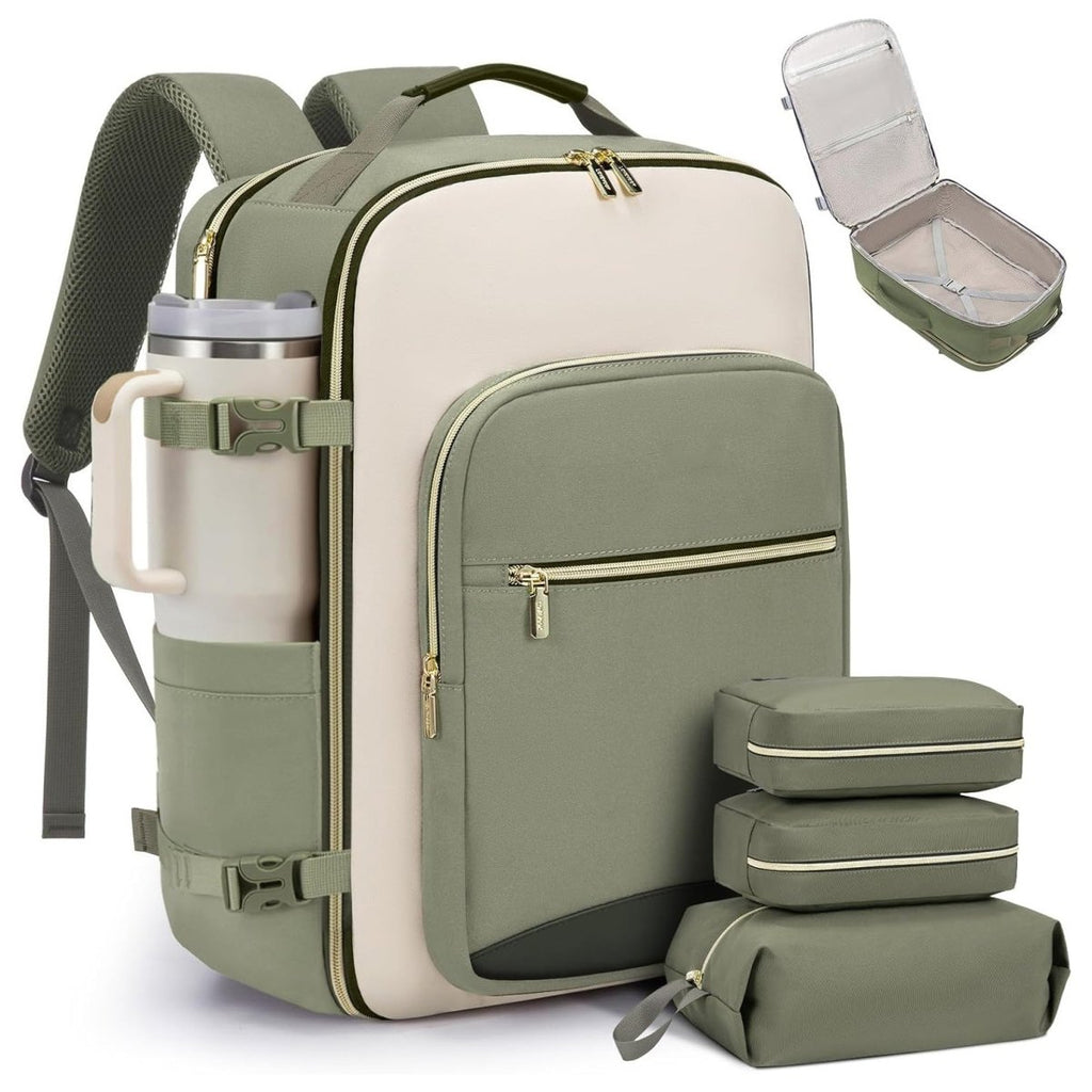 Green backpack with travel accessories including a thermos, toiletry bag, and packing cubes on a white background.