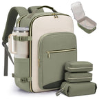 Green backpack with travel accessories including a thermos, toiletry bag, and packing cubes on a white background.