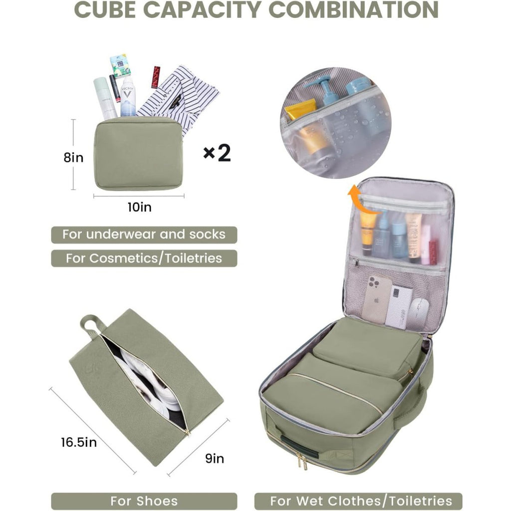 Green travel cube with dimensions and usage instructions on a white background