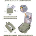 Green travel cube with dimensions and usage instructions on a white background