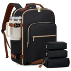 Black backpack with brown accents and travel accessories on a white background