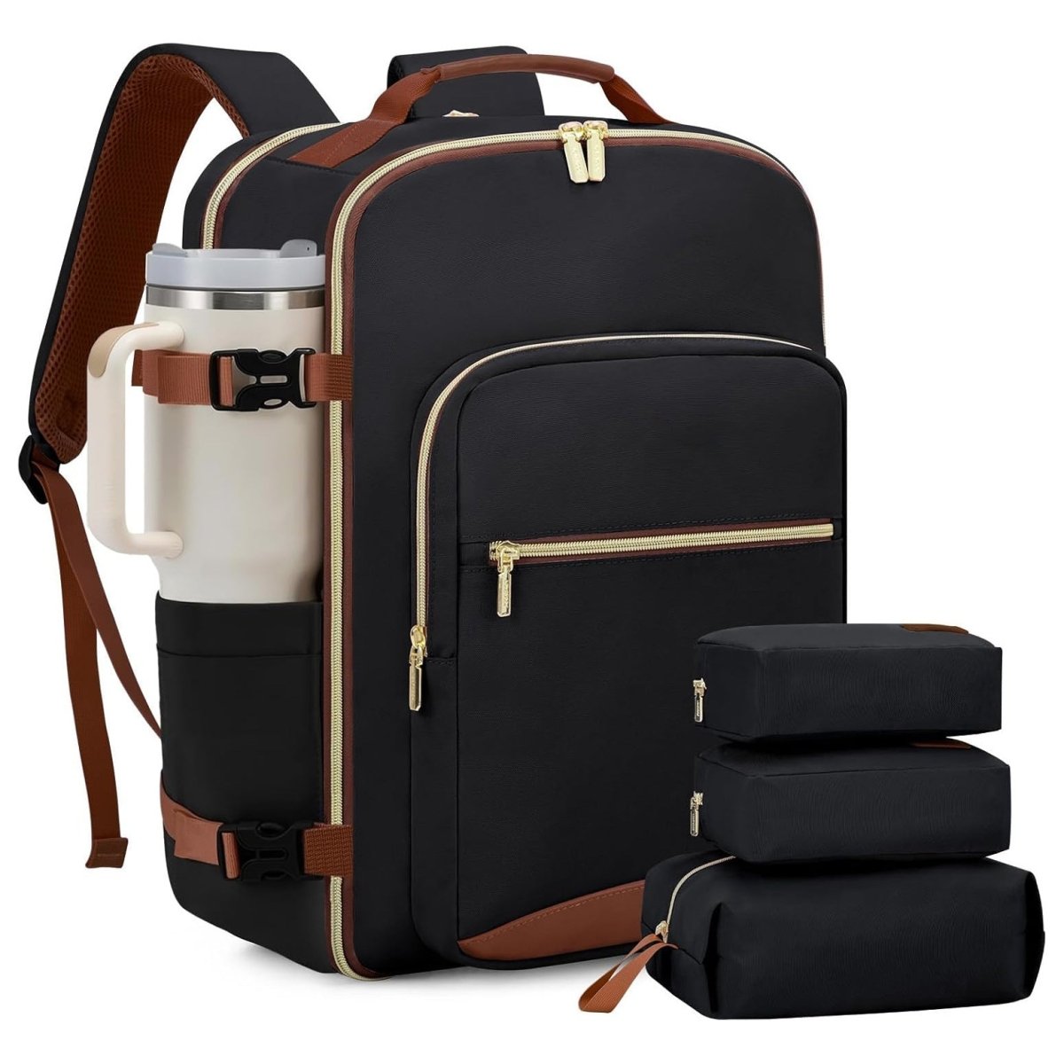 Black backpack with brown accents and travel accessories on a white background