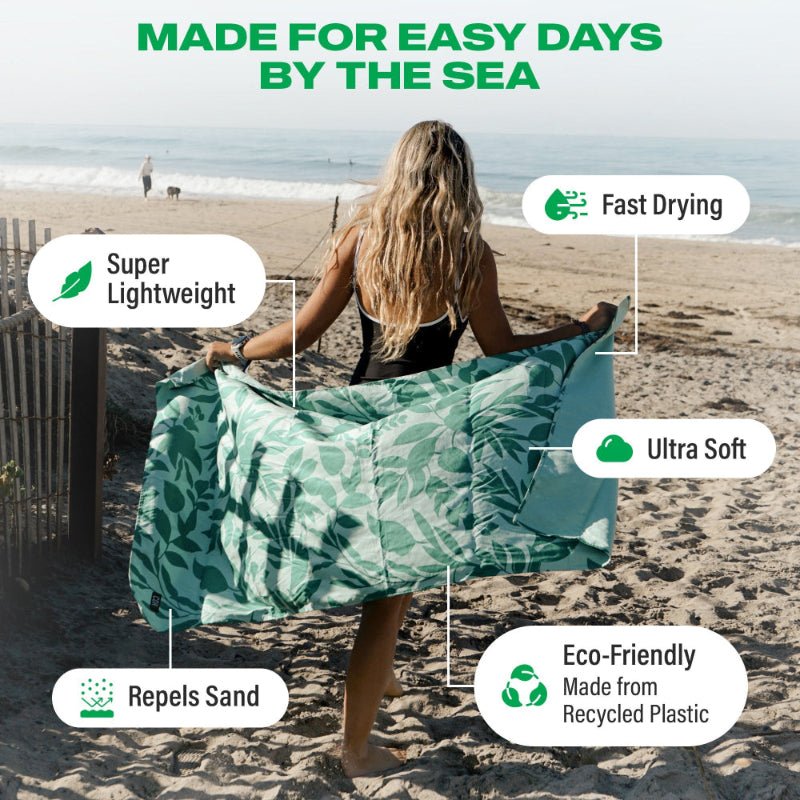Woman on a beach with a green leaf-patterned towel, surrounded by text highlighting features like 'Super Lightweight', 'Fast Drying', 'Ultra Soft', 'Eco-Friendly', and 'Repels Sand'.
