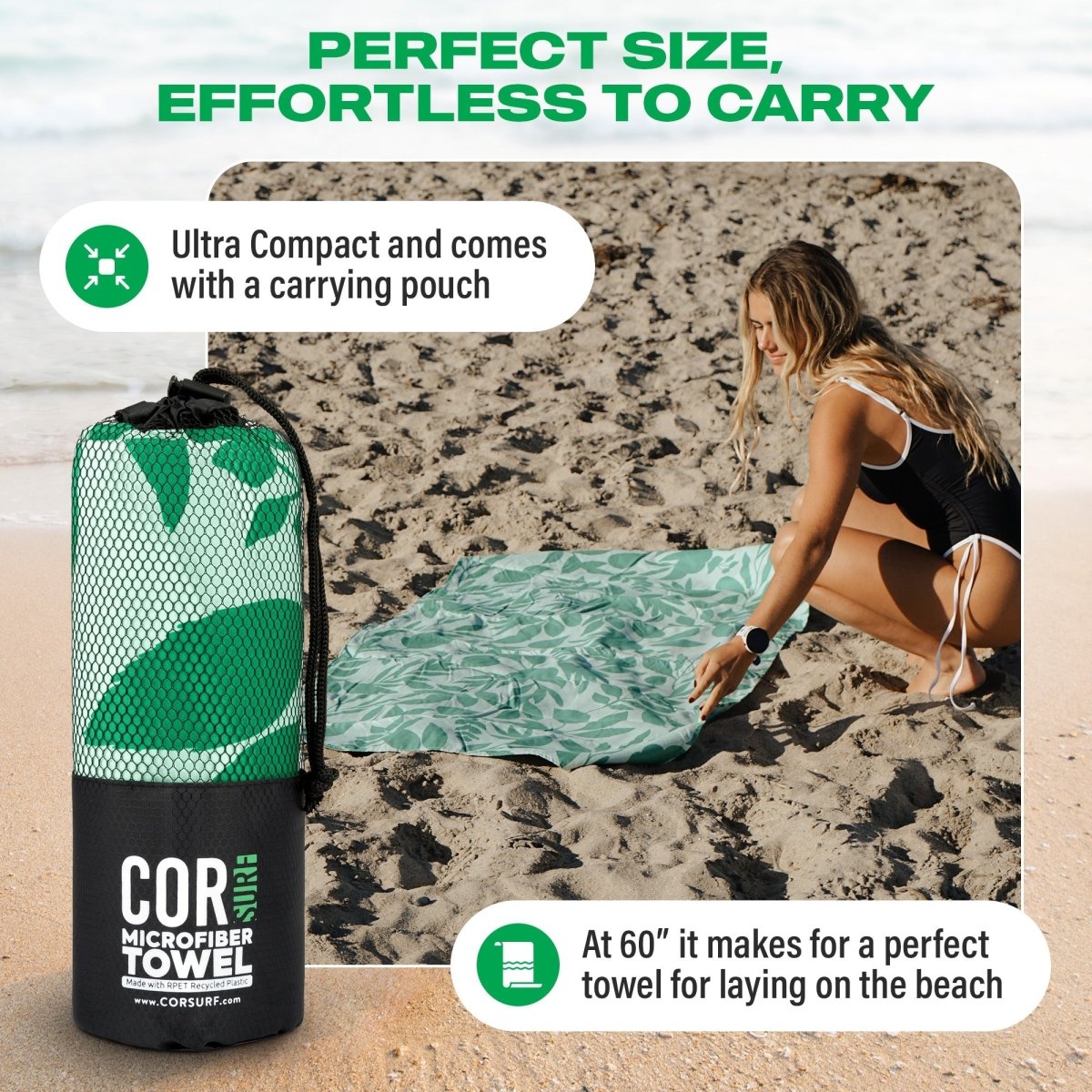 Woman setting up a green COR microfiber towel on the beach with text highlighting its compact size and carrying pouch.