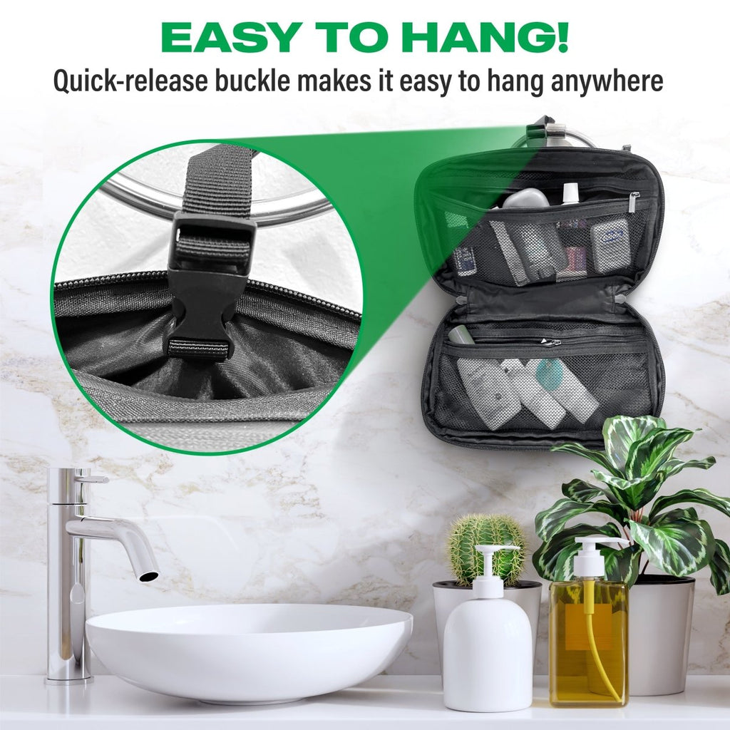 Travel toiletry bag with quick-release buckle feature on a bathroom counter.