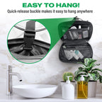 Travel toiletry bag with quick-release buckle feature on a bathroom counter.