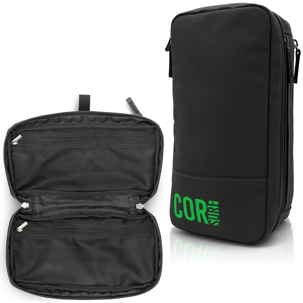 Black travel organizer with green 'COR Surf' branding on a white background