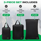 Three black compression cubes with dimensions and a laundry/shoe bag, set against a mountainous background.