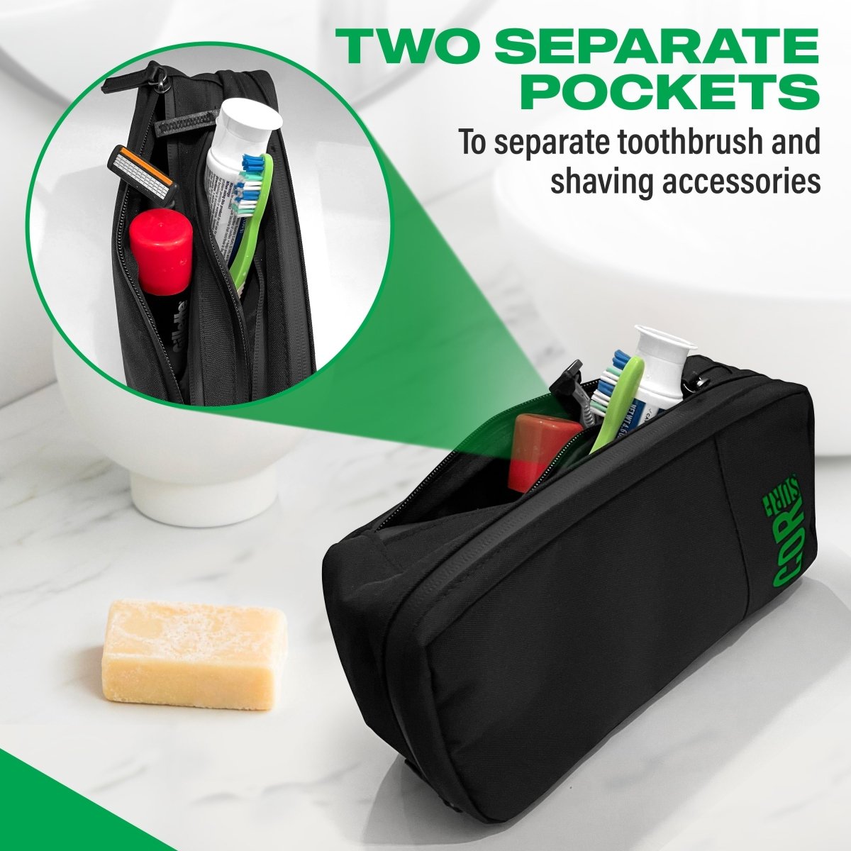 Black toiletry bag with two separate pockets for toothbrush and shaving accessories on a white background.