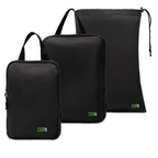 Set of black packing cubes with 'COR' branding on a white background
