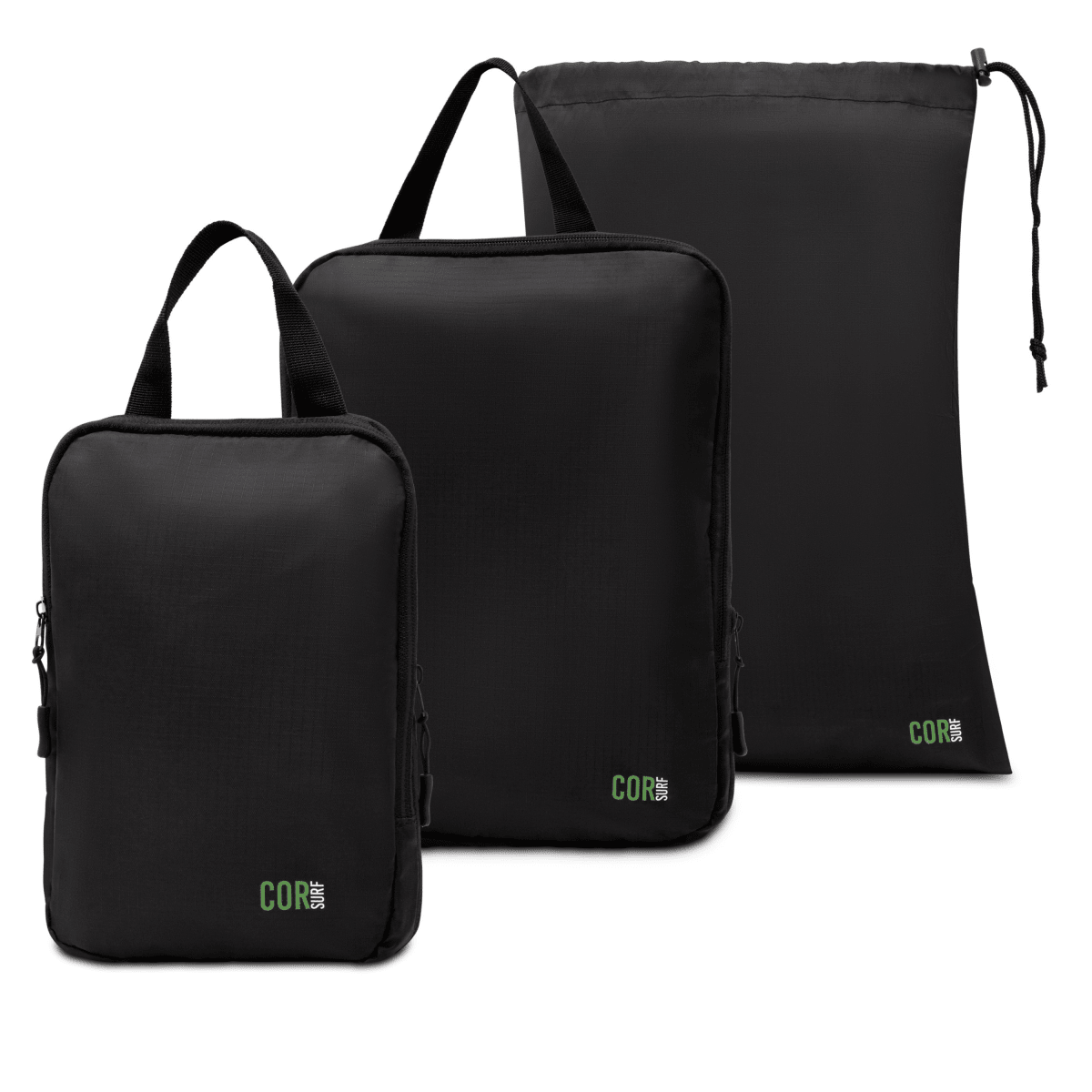 Set of black packing cubes with 'COR' branding on a white background
