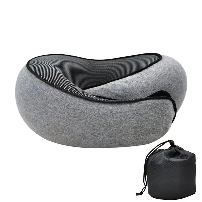 Gray neck pillow with black mesh and drawstring bag on a white background