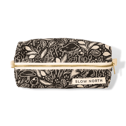 Slow North Mystical Mushroom travel pouch with black and cream mushroom print