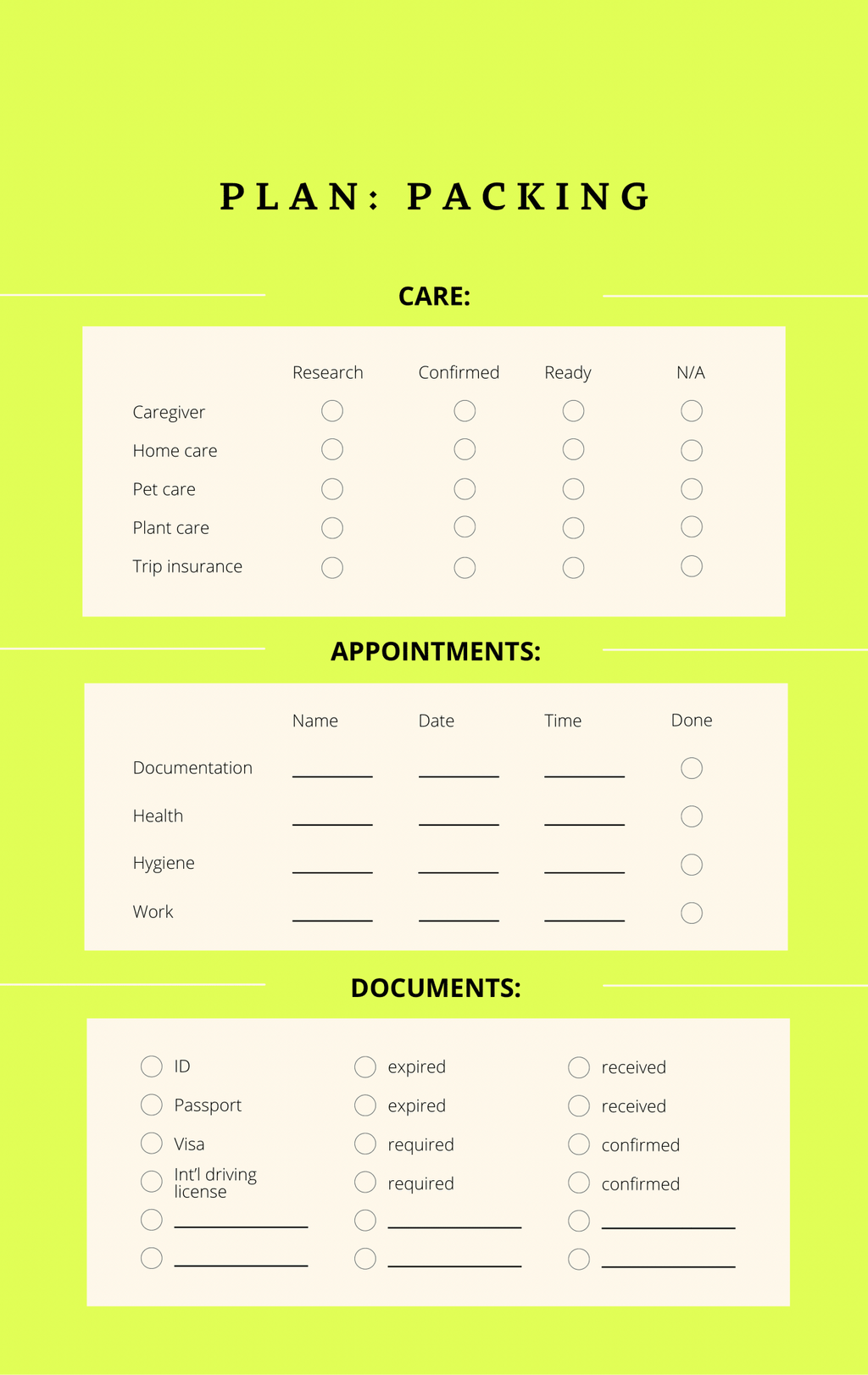 Everywhere travel planner packing plan page with checklists