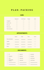 Everywhere travel planner packing plan page with checklists