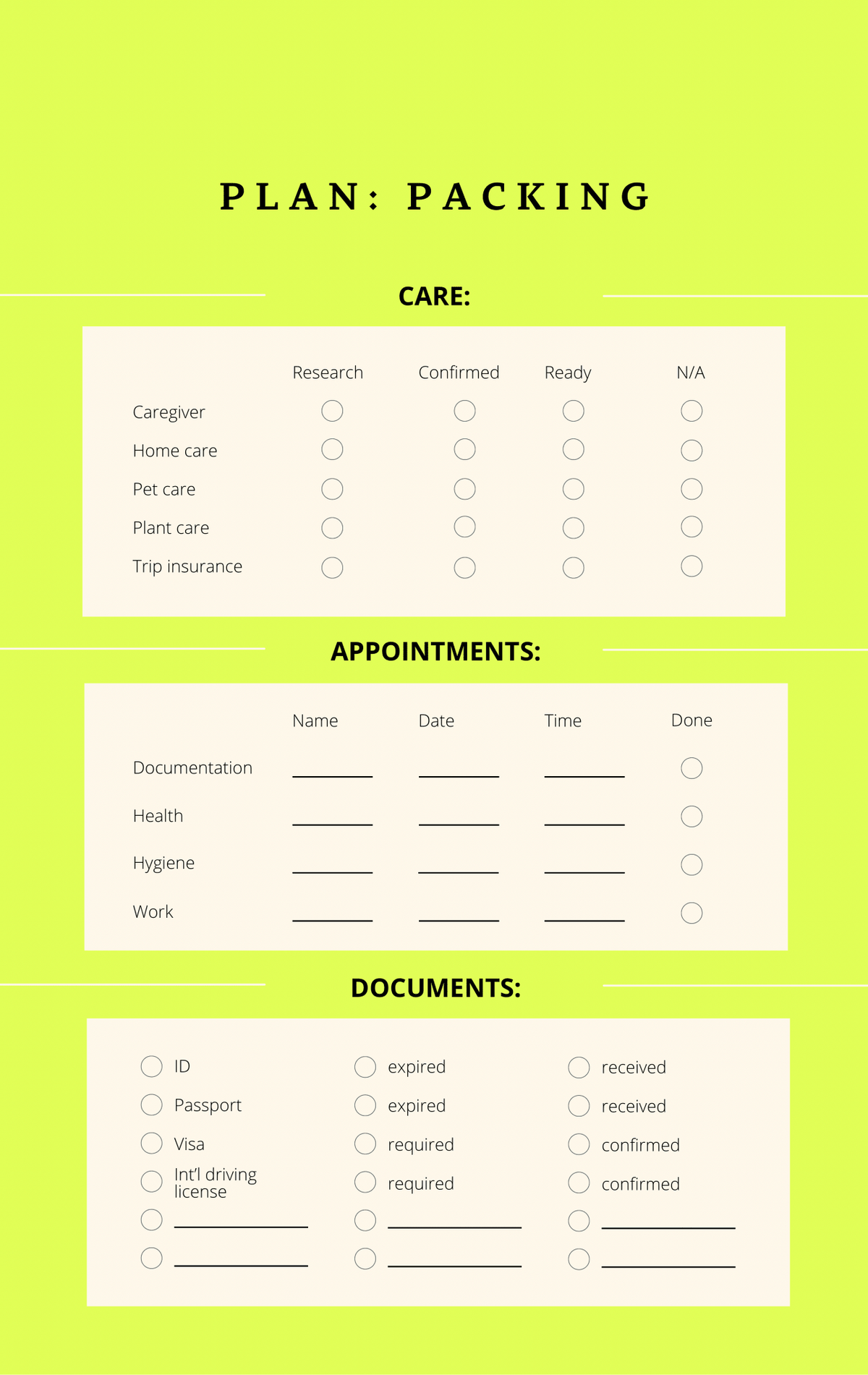 Everywhere travel planner packing plan page with checklists