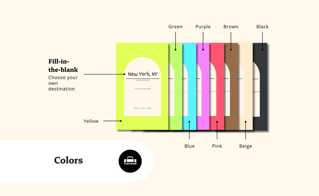 Everywhere travel planner journal color options: lime, green, blue, pink, coral, brown and black