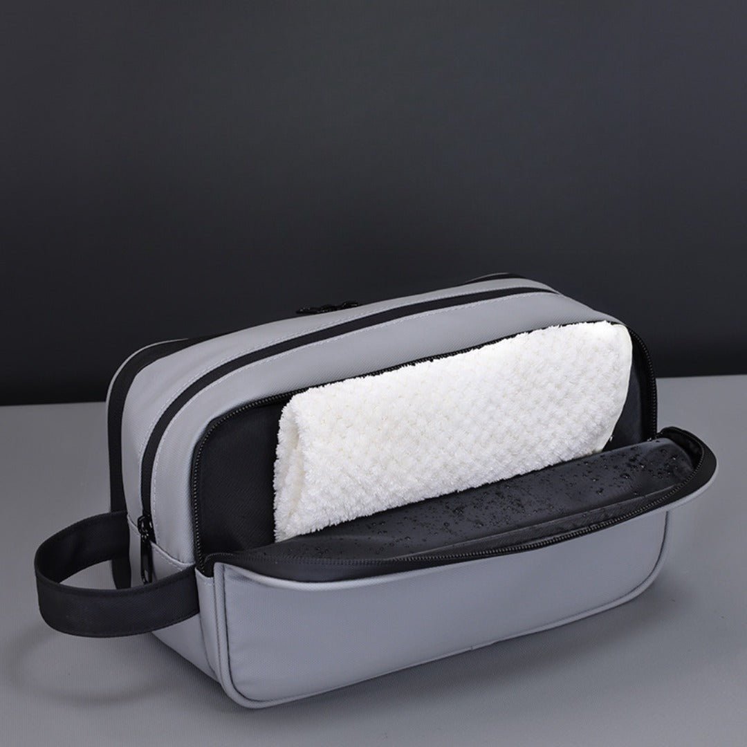 Triple-Layer Men's Grooming & Toiletry Bag open view with towel