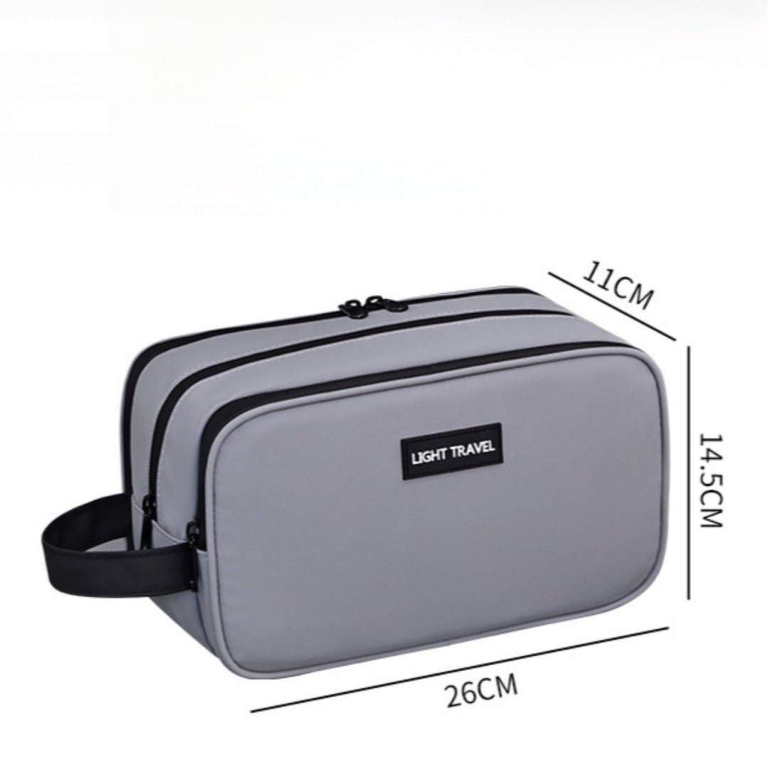 Triple-Layer Men's Grooming & Toiletry Bag in gray design.