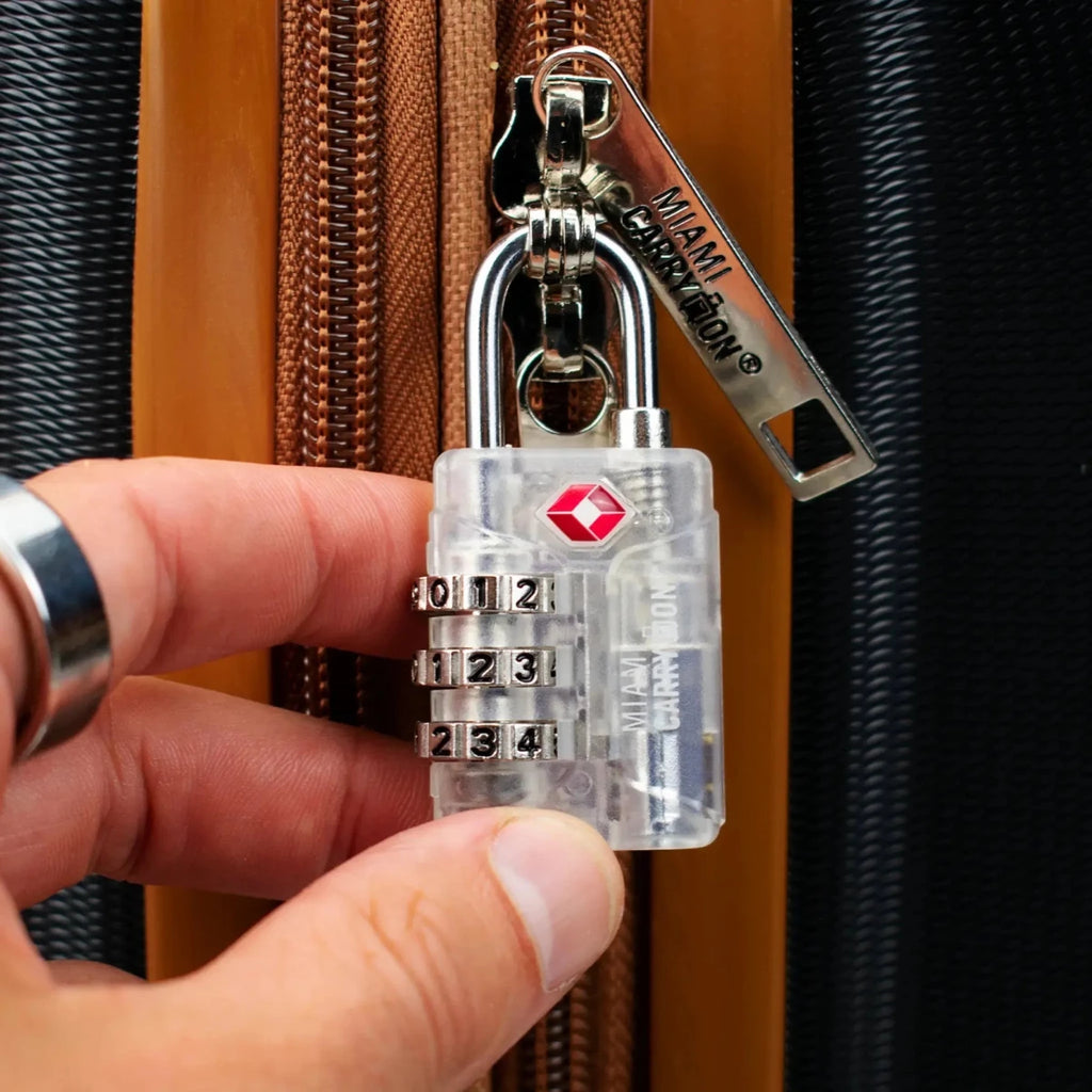 TSA Approved Combination Padlock on a suitcase zipper