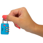 TSA Approved Combination Padlock held by hand in blue
