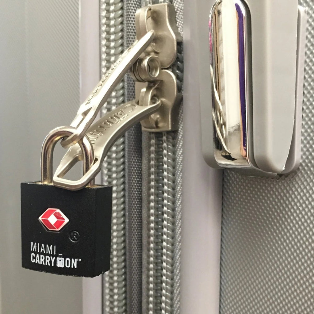 TSA Approved Keyed Padlock securing luggage zipper