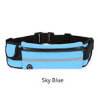 Velocity Water-Resistant Running Belt in Sky Blue for travel size essentials.