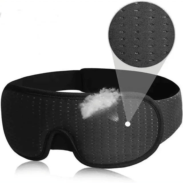 Black sleep mask with a close-up of the breathable mesh material on a white background