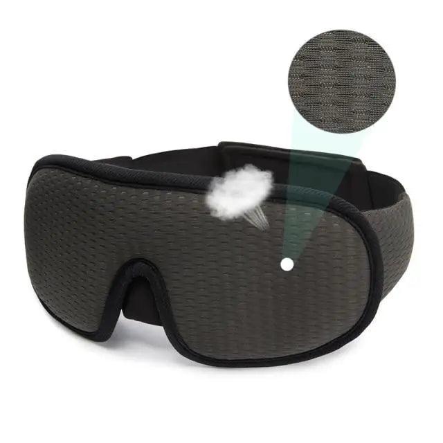 Dark gray sleep mask with a close-up of the breathable mesh fabric on a white background.