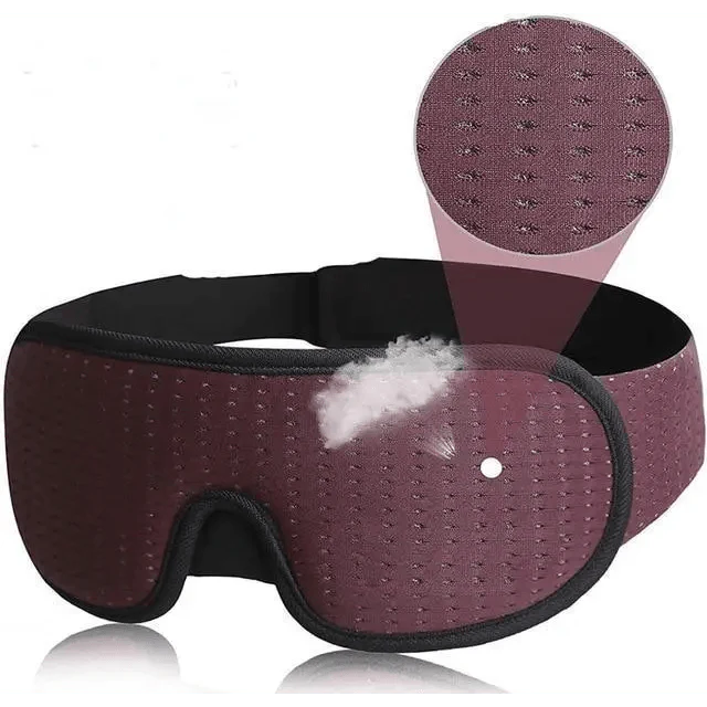 Purple sleep mask with a close-up of the breathable mesh fabric on a white background.