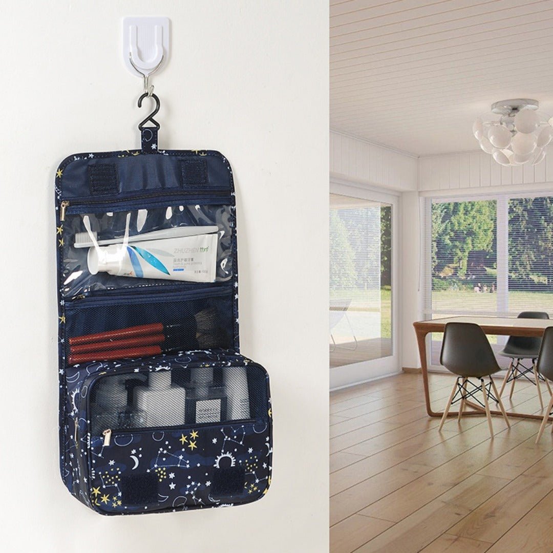 Visible Hanging Toiletry Bag with transparent compartments.