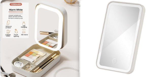 Warm White makeup case with illuminated mirror on a white background. Text shows features: small and portable, USB charging, 3 stylish colors, touch-lighting, and HD mirror.