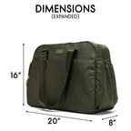 Green bag with dimensions labeled on a white background