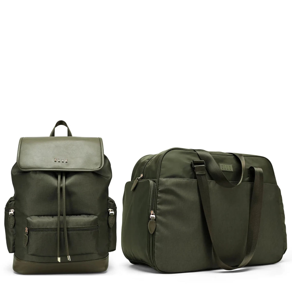 Two green bags, a backpack and a duffel bag, on a white background.