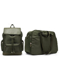 Two green bags, a backpack and a duffel bag, on a white background.
