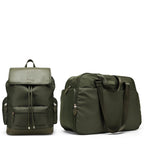 Two green bags, a backpack and a duffel bag, on a white background.