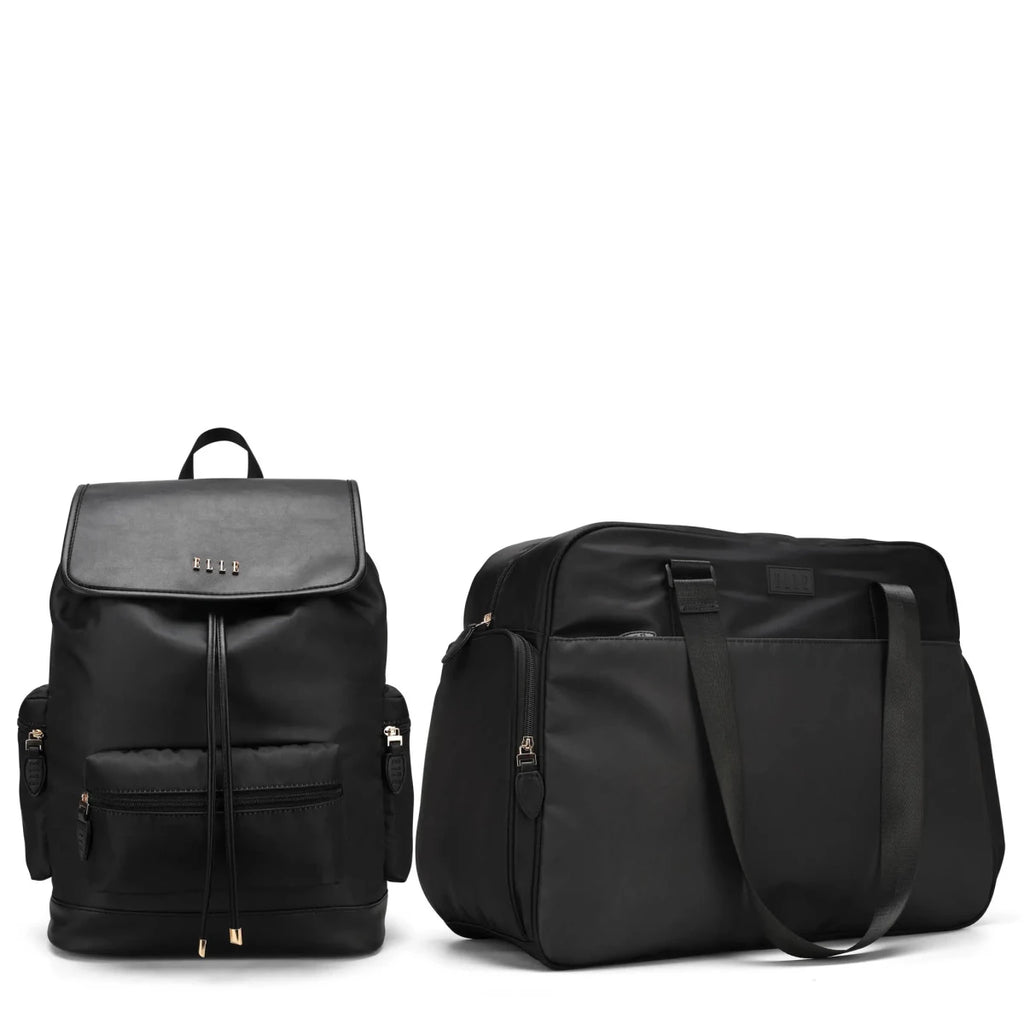 Two black backpacks on a white background