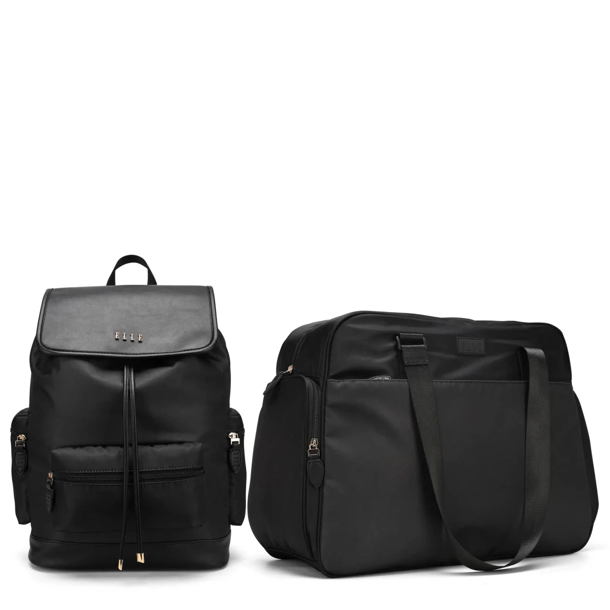 Two black backpacks on a white background